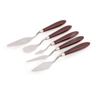 Bộ 5 dao chà láng cán gỗ nâu sang trọng dùng trang trí bánh kem, fondant cao cấp