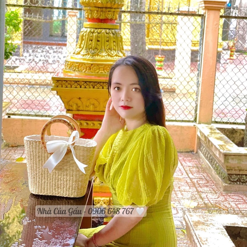 Giỏ cói cao cấp nơ trắng xinh cực phẩm