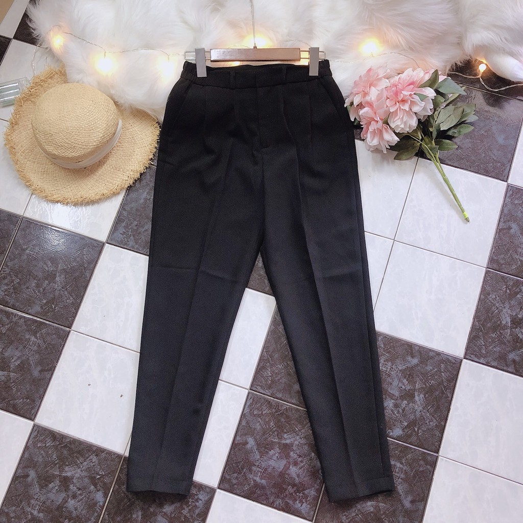 Quần baggy nữ cap cao lưng thun màu đen