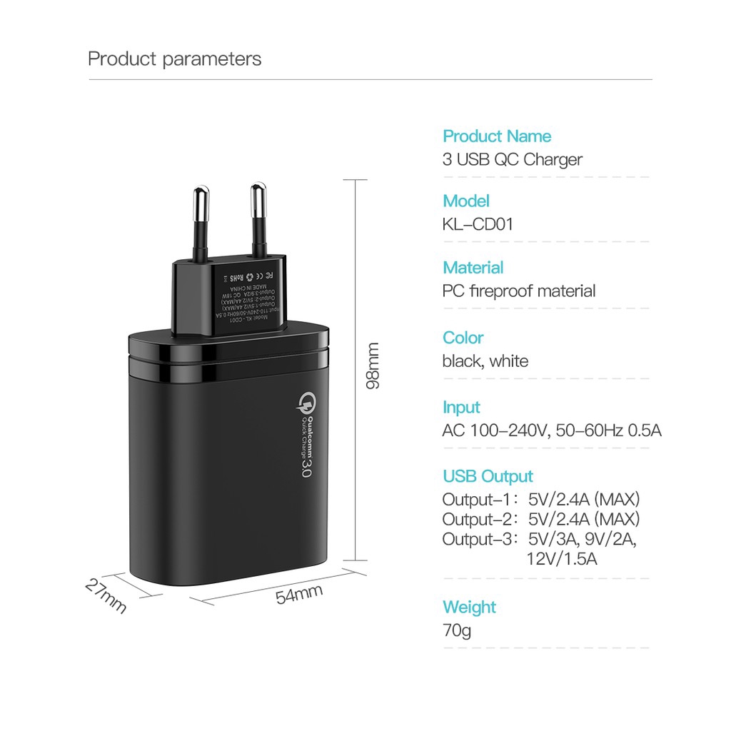 Củ Sạc Nhanh KUULAA Tiện Dụng Chất Lượng Cao Hỗ Trợ 3 Cổng USB 3.0