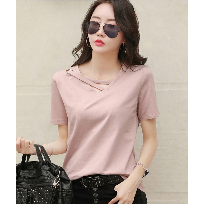 Áo Thun Nữ Tay Lửng Cổ Chữ V Thời Trang Hàn Quốc