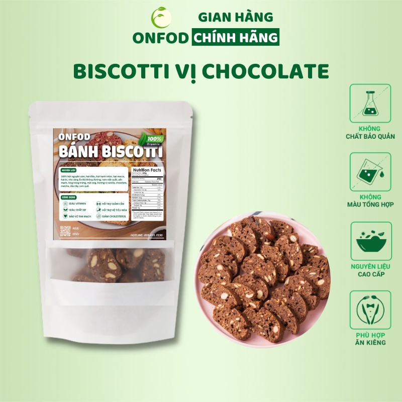 Bánh ăn kiêng biscotti ONFOD vị chocolate dành cho người tiểu đường, ăn kiêng, giảm cân 250g 500g