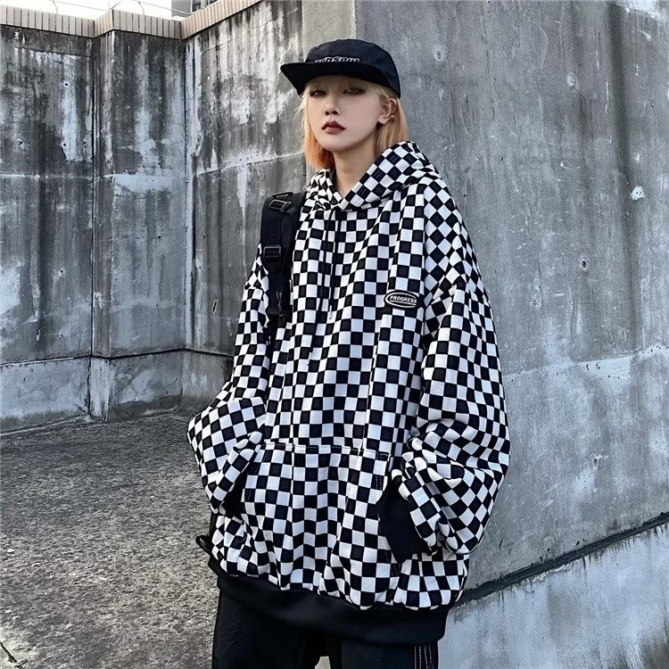 Áo hoodie bàn cờ tay dài dáng rộng lưới đen trắng họa tiết phong cách hàn quốc thời trang cho nam nữ thời trang áo pull bigsize unisex