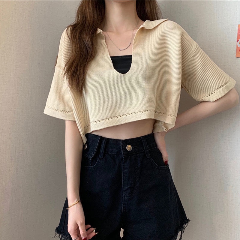 Áo Sweater Mỏng Dáng Rộng Ngắn Tay Cổ Chữ V Thời Trang Mùa Hè Hàn Quốc Hàng Mới Dành Cho Bạn Nữ 2022