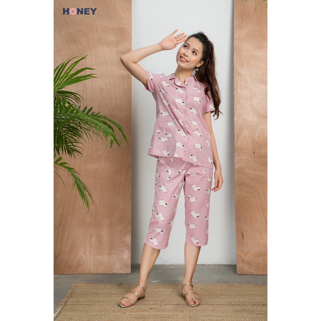 Bộ đồ ngủ pajama cộc tay mặc nhà, chất liệu thô hàn, quần rút chun - Thời trang bà bầu cao cấp Honey