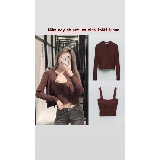 Set len áo 2 dây croptop + cardigan Zara authentic