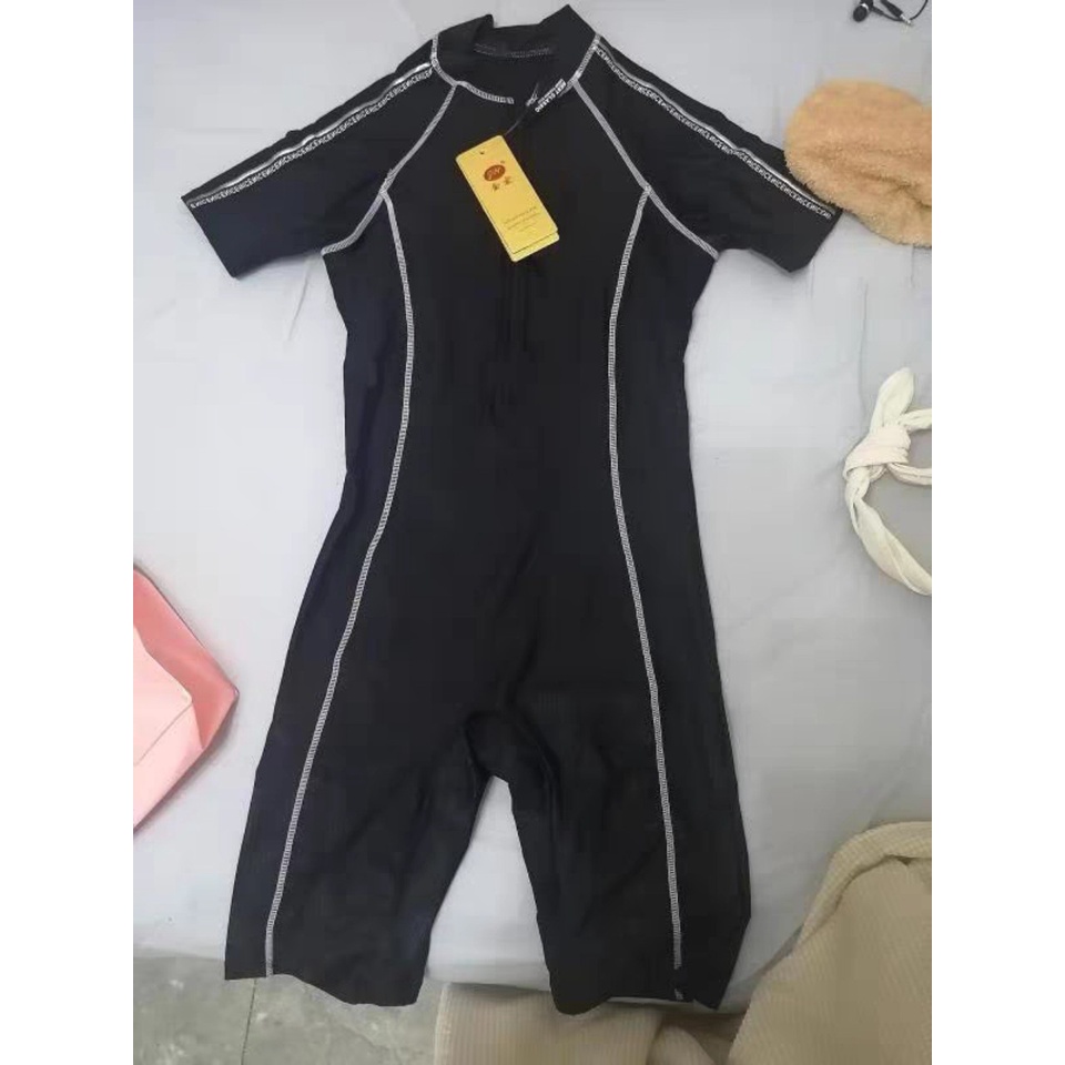 Bộ đồ bơi nữ liền thân thun lạnh đẹp thể thao viền trắng kín đáo tôn dáng