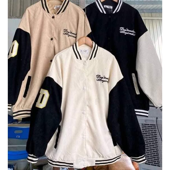 Áo khoác bomber thêu phối tay chữ D, áo khoác bóng cháy unisex