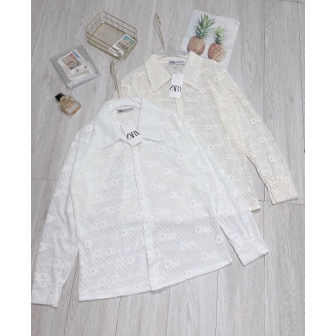 Áo Sơmi dài tay ren Di or mềm mịn 2 màu Trắng Be da