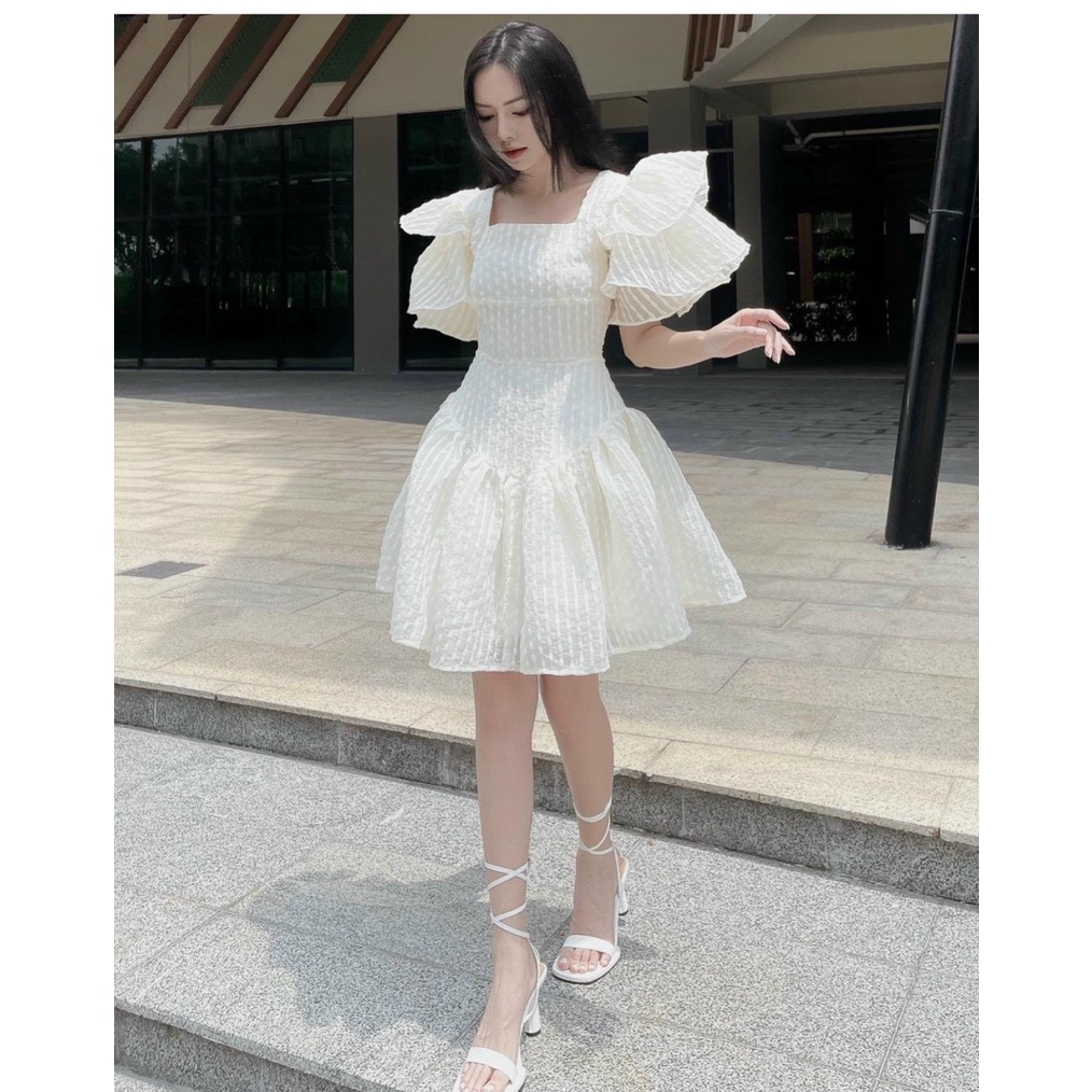 đầm ren nổi xoè tay bèo 3 lớp trắng cổ vuông ngắn xòe voan tiểu thư đi tiệc Hàn Quốc nhẹ nhàng nàng thơ ulzzang