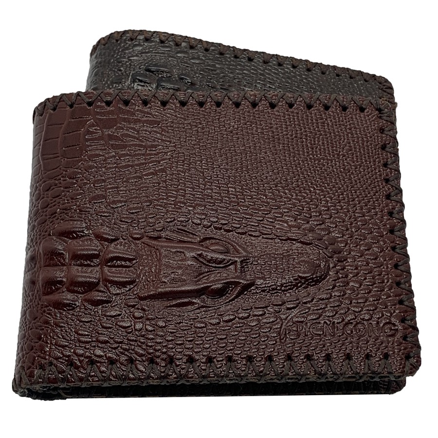 Ví Nam Ngang Da Bò Dập Vân Cá Sấu May Viền Tiến Công Màu Nâu Đỏ - TCN1041