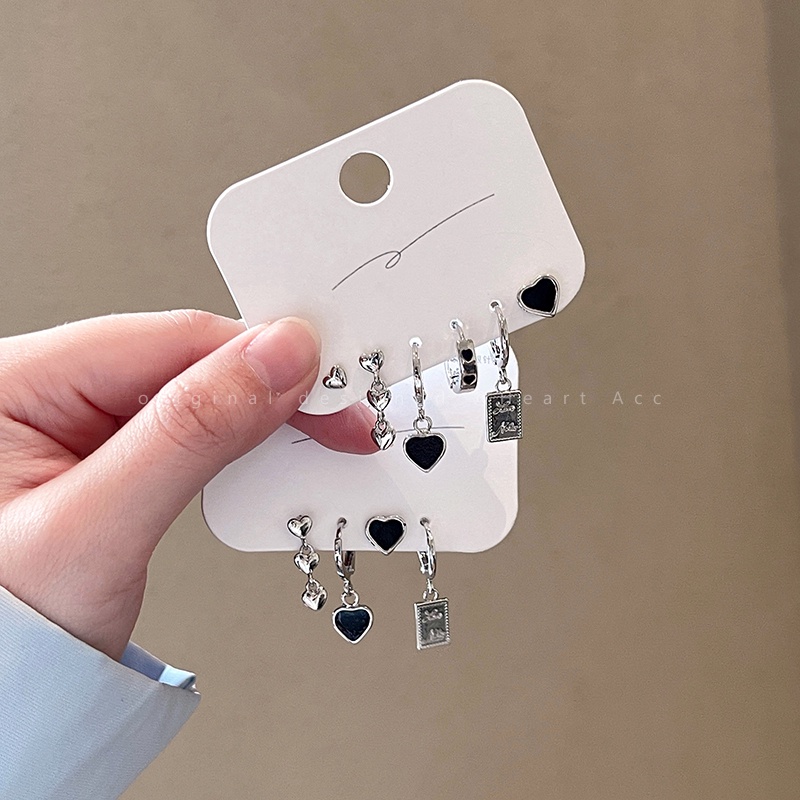 Bộ Khuyên Tai Hình Trái Tim Nhỏ Giọt Màu Đen Thời Trang 19A1491