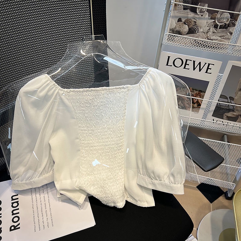 Áo Sơ Mi Tay Ngắn Phồng Cổ Vuông Màu Trắng Thiết Kế Không Đồng Đều Thời Trang Mùa Hè Mới Cho Nữ