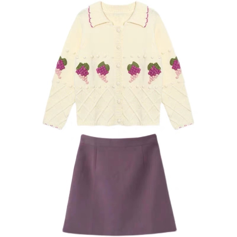 Set áo len đính nho + chân váy tím cute kèm feedback thật