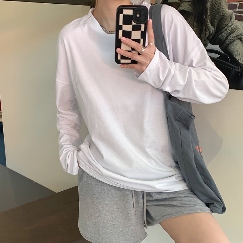 SUXI Áo Thun Nữ Dài Tay Cổ Tròn Màu Sắc Thanh Lịch