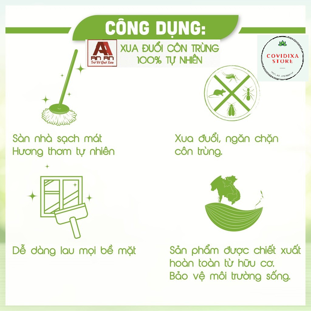 Nước lau sàn hữu cơ bồ hòn An An💖FREESHIP💖nước lau nhà tinh dầu thiên nhiên đuổi muỗi hương quế sả chanh 1000ml