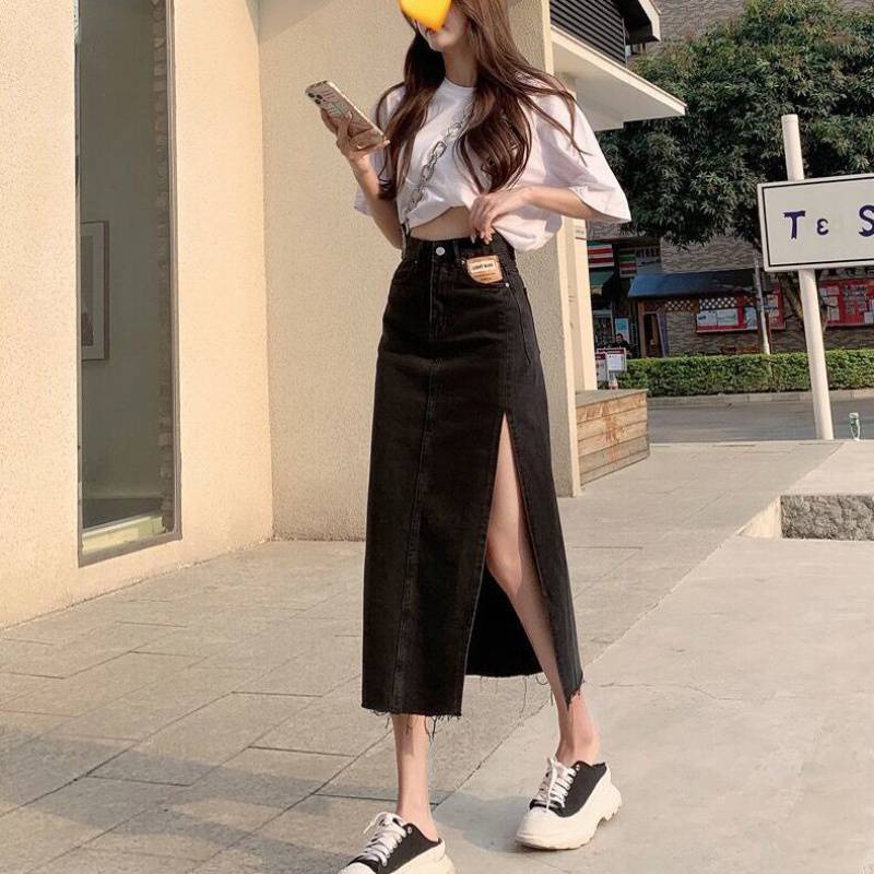 Chân Váy Denim Lưng Cao Xẻ Tà Quyến Rũ Cho Nữ | BigBuy360 - bigbuy360.vn