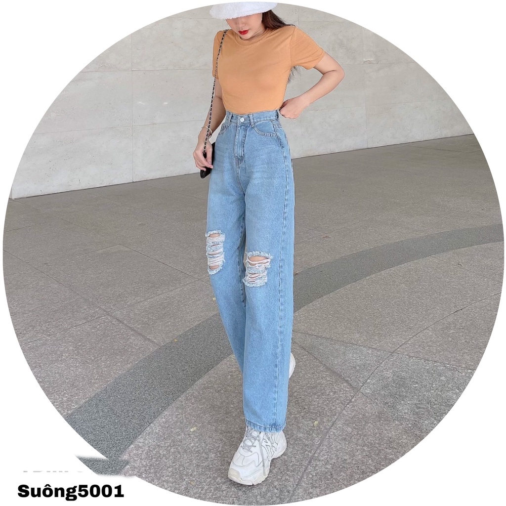[ VIDEO+FREESHIP ] QUẦN JEANS ỐNG RỘNG NỮ LƯNG CAO RÁCH 2 MẢNG VUÔNG GỐI MÀU XANH NHẠT LAI CUỐN XỊN SÒ CAO CẤP HADI HOT