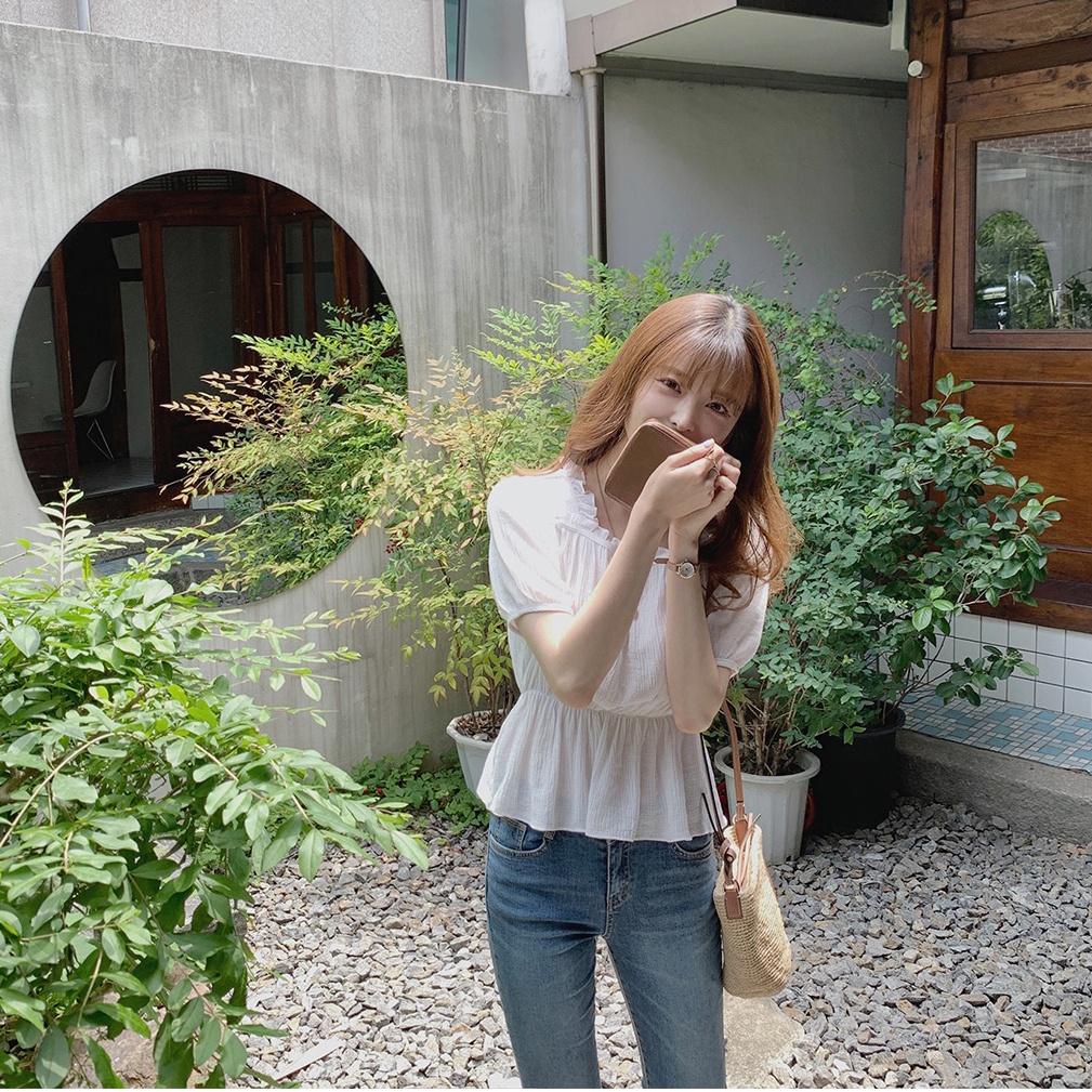 SUXI Áo Thun Tay Ngắn Cổ Vuông Màu Sắc Trơn Phong Cách Hàn Quốc Thời Trang Mùa Hè Cho Nữ