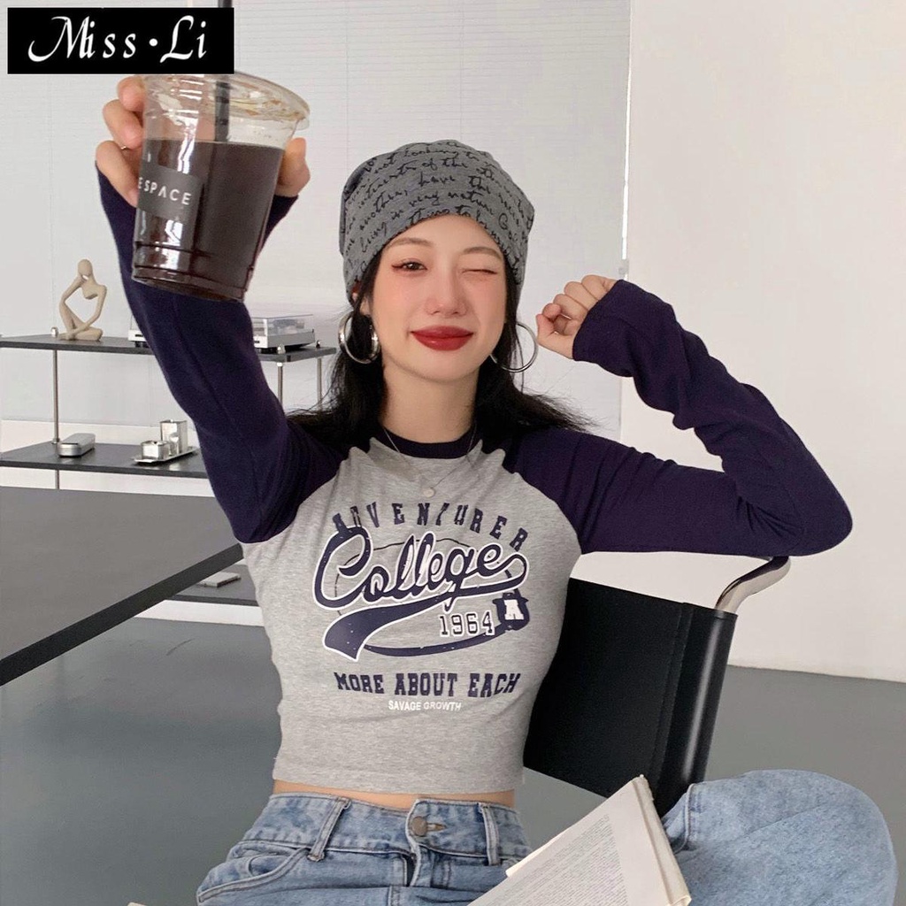 Áo Thun Dài Tay Ôm Dáng In Chữ Phong Cách Retro Mỹ Cho Nữ