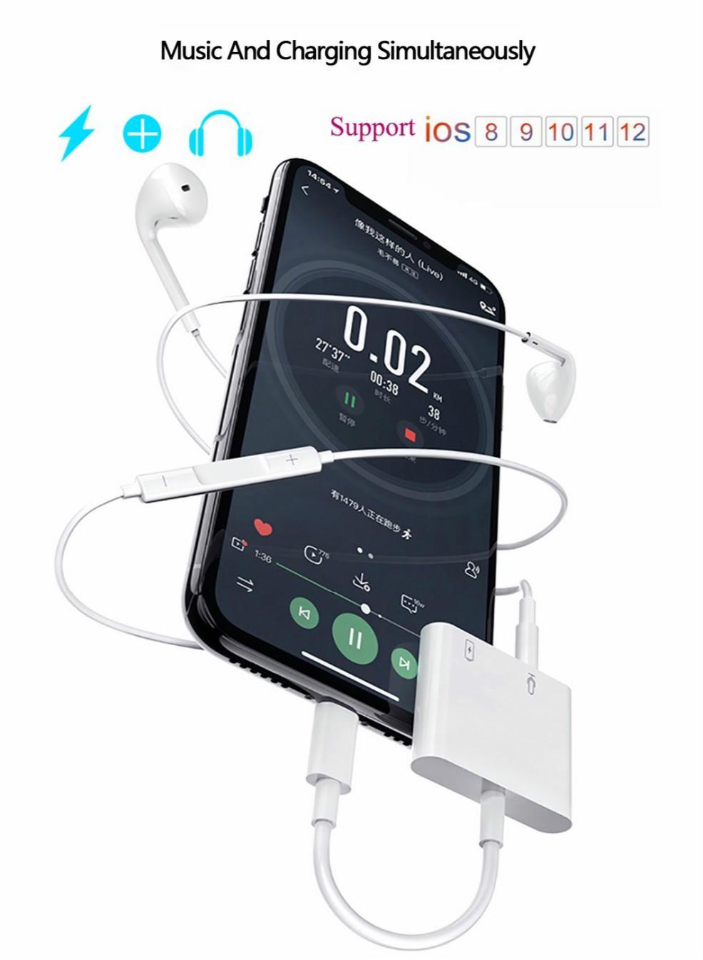 Splitter Adapter 2 In 1 Bluetooth Audio IPhone Adapter Charging Earphone Cable for IPhone 12 11 Pro Max 3.5mm Jack Earphone Aux Cable Splitter