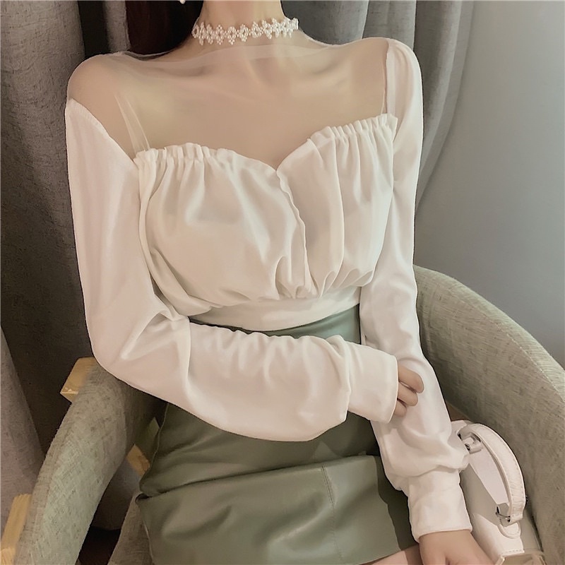 SẴN🎀Áo kiểu nhung mịn tay dài phối lưới tiểu thư sang chảnh/Áo trễ vai bo eo rúm