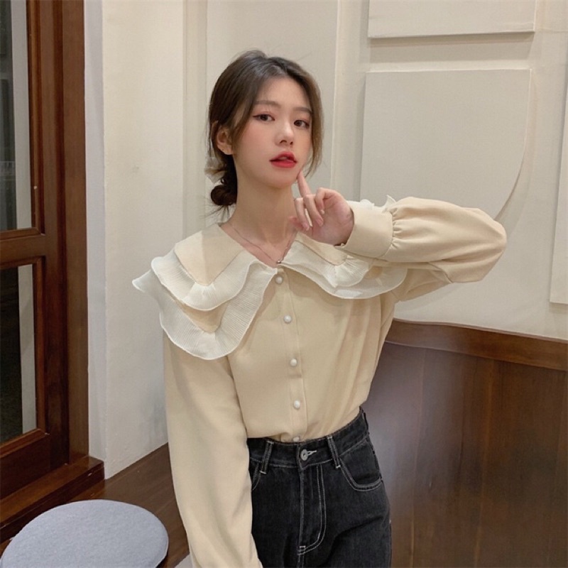 Áo sơmi nữ cổ bèo viền ren nữ tính vải cao cấp dày phù hợp đầu thu đông❤️ | BigBuy360 - bigbuy360.vn