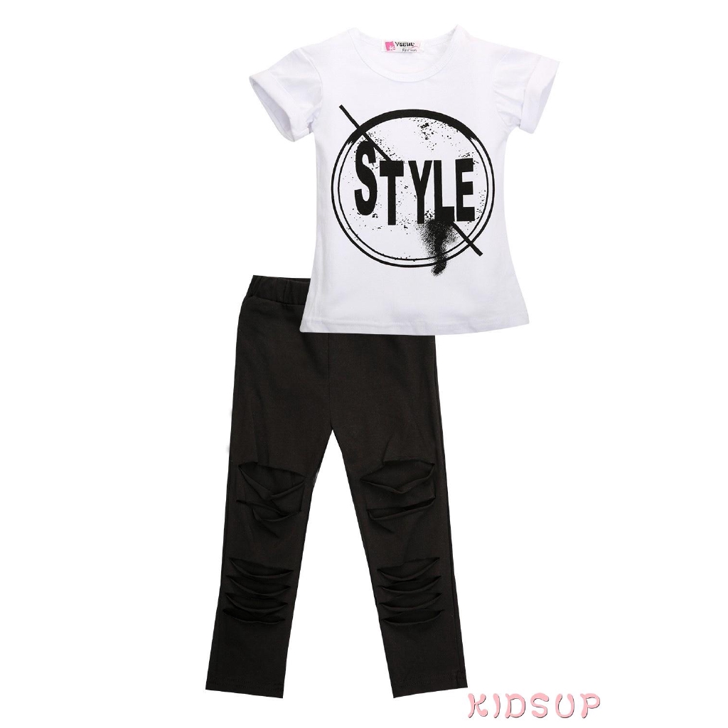 Set áo ngắn tay và quần legging xẻ rách cho bé gái