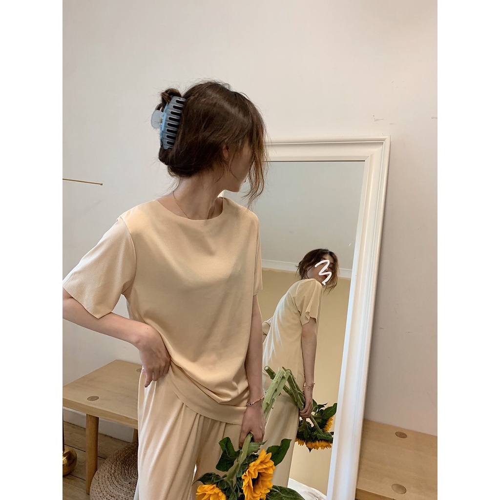 Bộ Đồ Ngủ Tay Ngắn Dáng Rộng Vải Lụa Lạnh Mềm Màu Trơn Thoải Mái Phong Cách Hàn Quốc | BigBuy360 - bigbuy360.vn