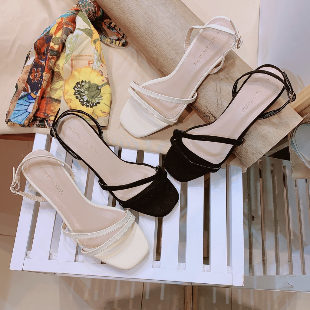 Sandal nữ 2 dây mảnh vát chéo gót vuông 3 phân phối viền vàng