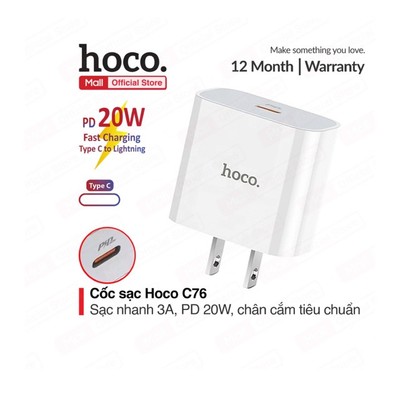 Củ sạc nhanh PD20W Hoco C76 sạc nhanh 3.0A chân cắm dẹt 1 cổng Type-C