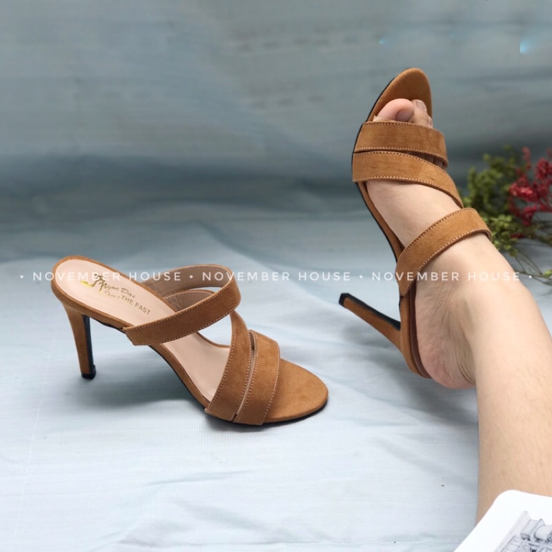 Guốc cao gót kiểu dáng gót nhọn phối dây bản to hoạ tiết trơn 2 màu, G7, Oula Store