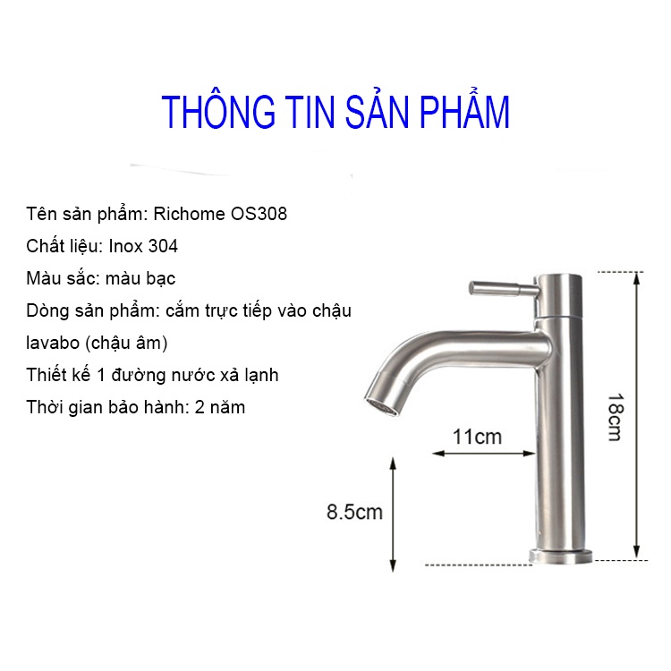 Vòi lavabo xả lạnh cắm chậu OS107 chất liêu inox 304 - bảo hành 2 năm toàn quốc