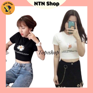 Áo croptop cổ tròn thêu hoa cúc.