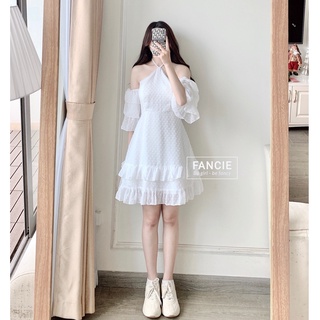 Váy trắng cổ yếm phối viền ren, chất liệu voan hạt Fancie Cherie Dress - VA696