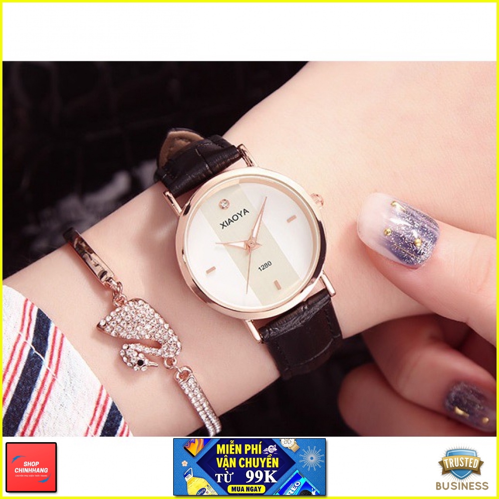 ĐỒNG HỒ NỮ XIAOYA XY-1280 DÂY DA MẶT SỌC CỰC ĐẸP AH434