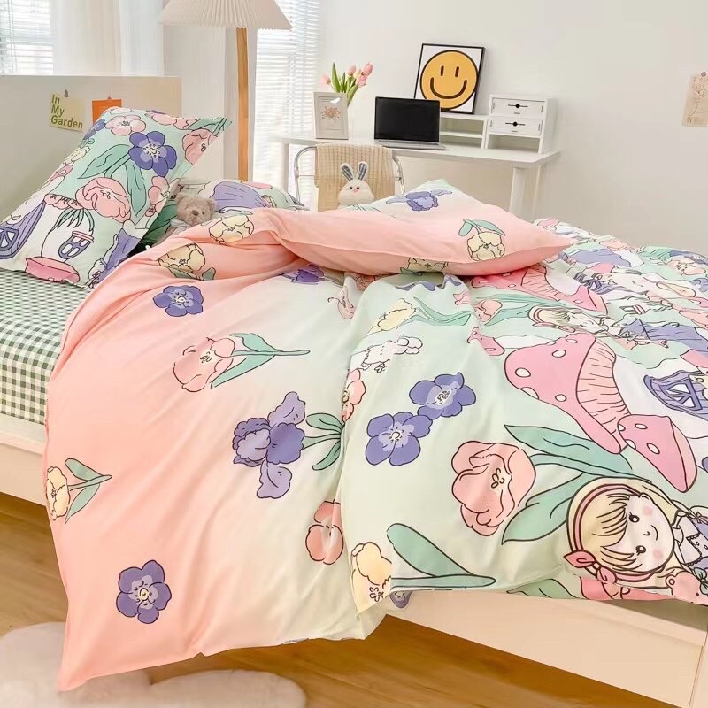 BỘ CHĂN GA GỐI COTTON POLY HÀN QUỐC CÔ BÉ RỪNG HOA
