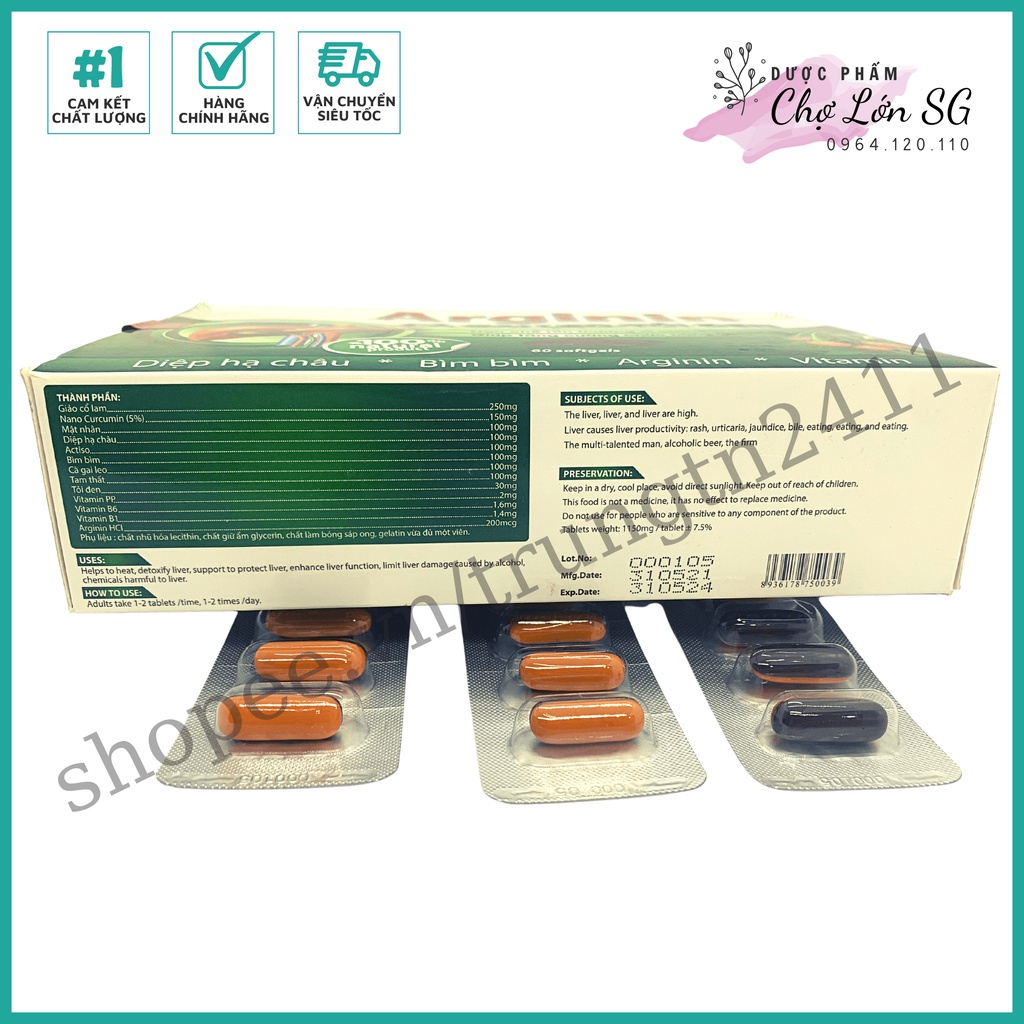 Viên uống bổ gan Arginin Cà Gai Leo Tỏi Đen giải độc gan, hạ men gan - Hộp 60 viên