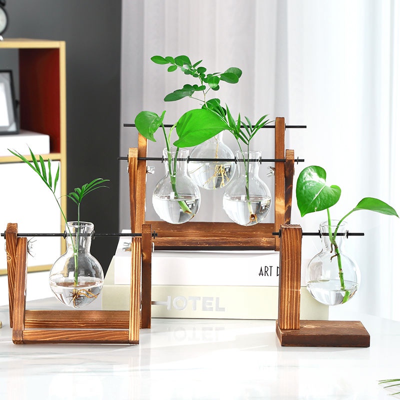 Bình Hoa Thủy Tinh Để Bàn Bằng Gỗ Sáng Tạo