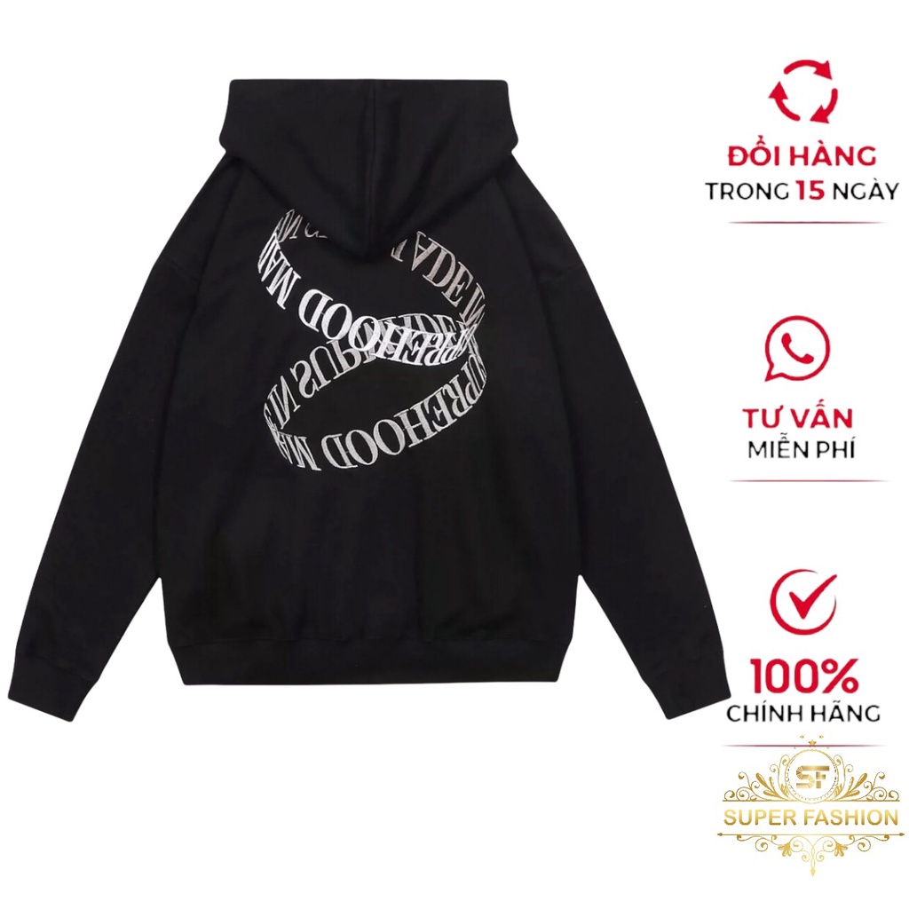 Áo khoác Hoodie Nỉ Super Fashion Fom Rộng Dây Kéo Phối Họa Tiết Chữ Có Nón
