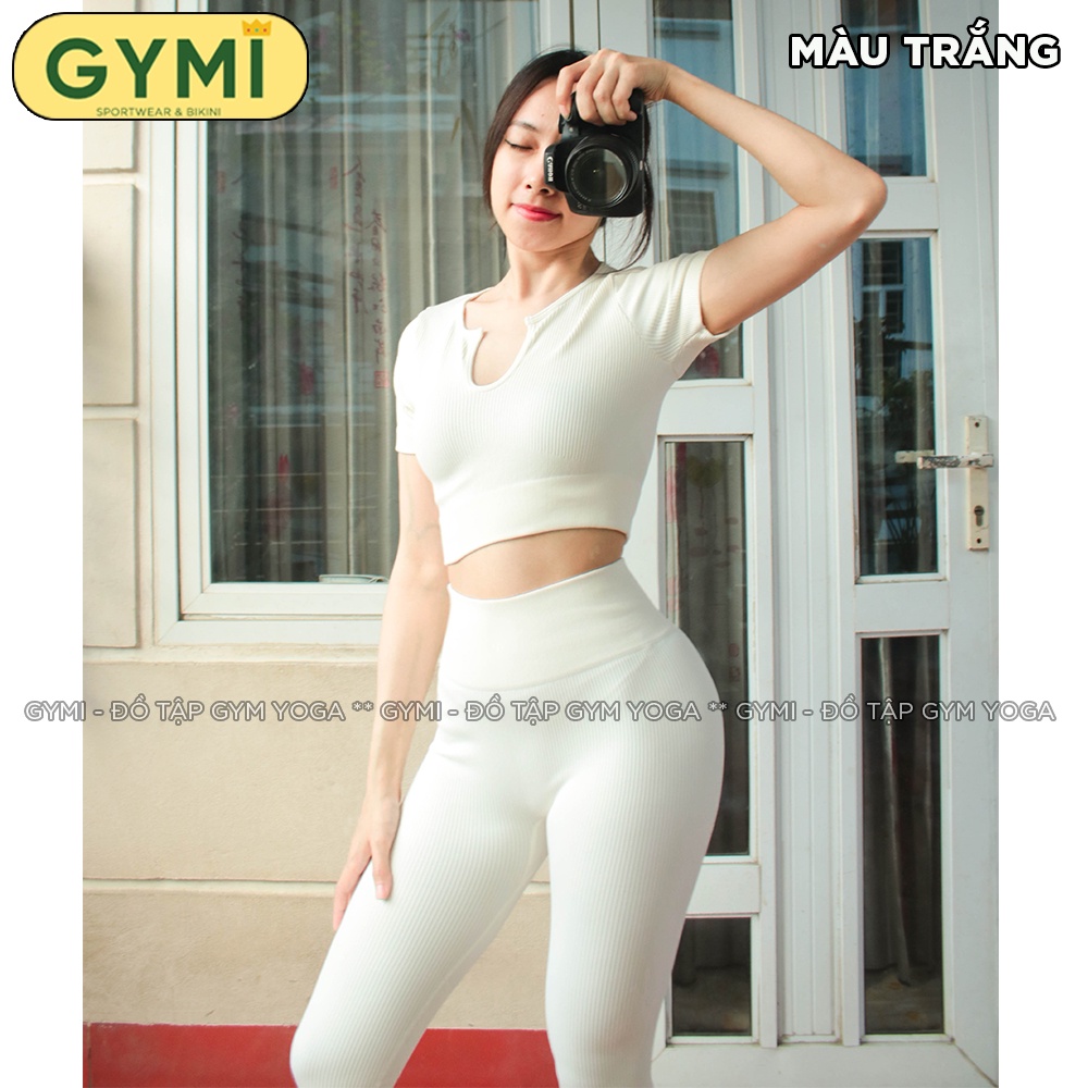 Set bộ đồ tập gym yoga nữ GYMI SET15 gồm áo croptop ngắn tay và quần legging dài thể thao chất dệt thun gân cao cấp