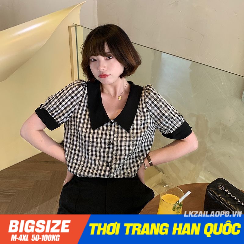 Áo sơ mi kẻ sọc caro Bigsize Áo kiểu nữ form rộng tay ngắn cổ bèo mùa hè Phong cách Hàn Quốc Thời Trang tiểu thư cá tính xinh đẹp cho người mập béo