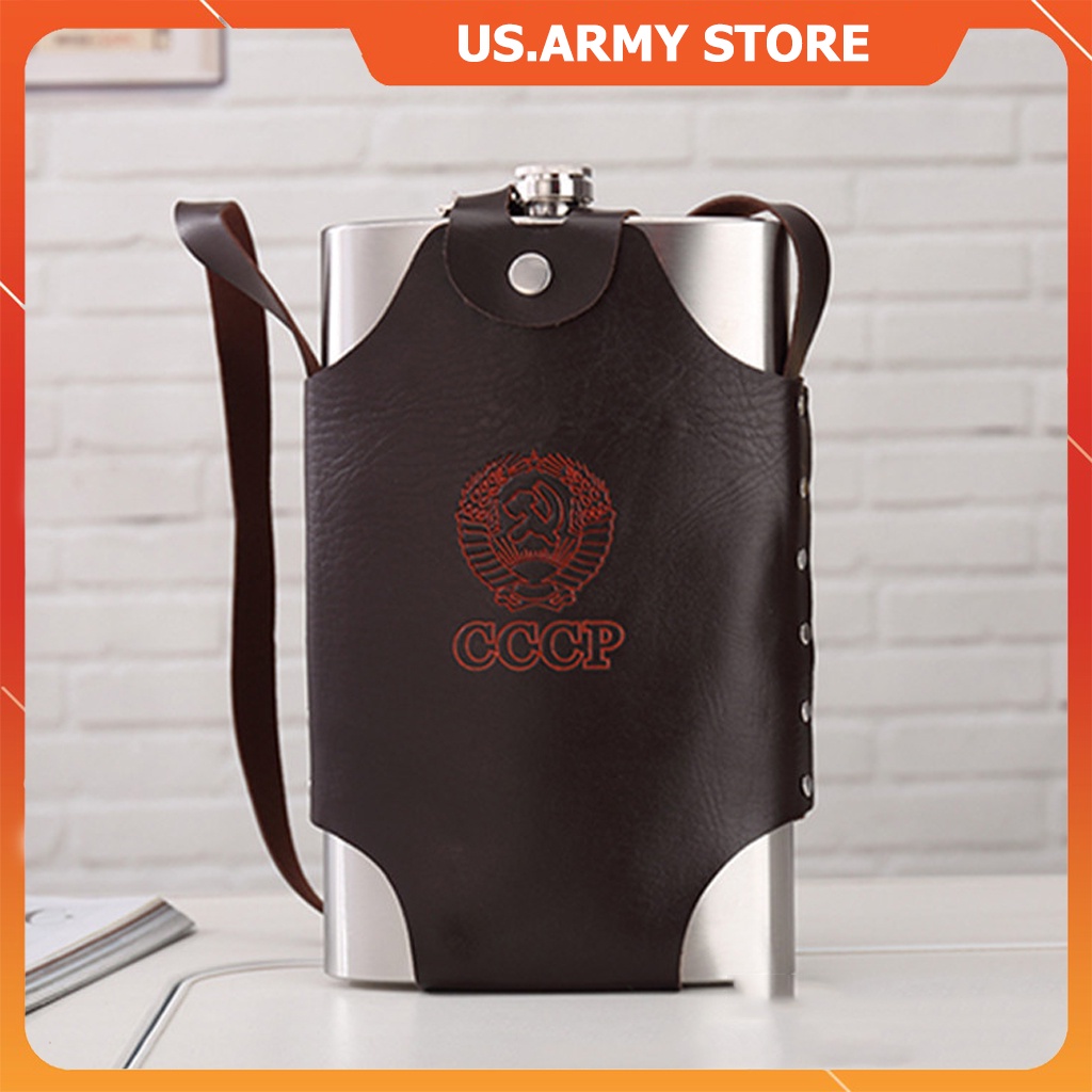 Bình Inox 304 Đựng Rượu CCCP Truyền Thống Dung Tích 2.0L Dày 0,6 ly - 64OZ ( Loại 1 ), Kèm Bao Da Phong Cách