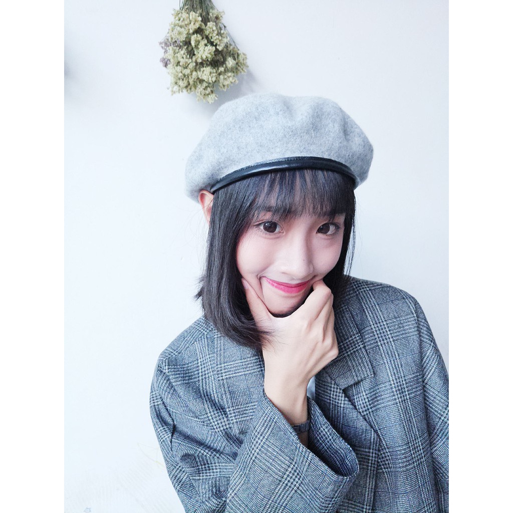Mũ beret vải len phối da thiết kế đơn giản phong cách retro Hong Kong thời trang thu đông cho nữ