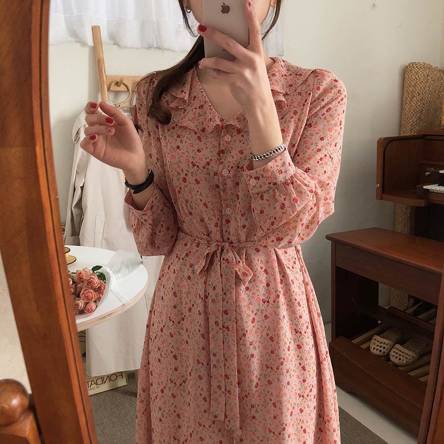 Đầm Chiffon Tay Dài Chiết Eo In Hoa 29890 Thời Trang Cho Nữ