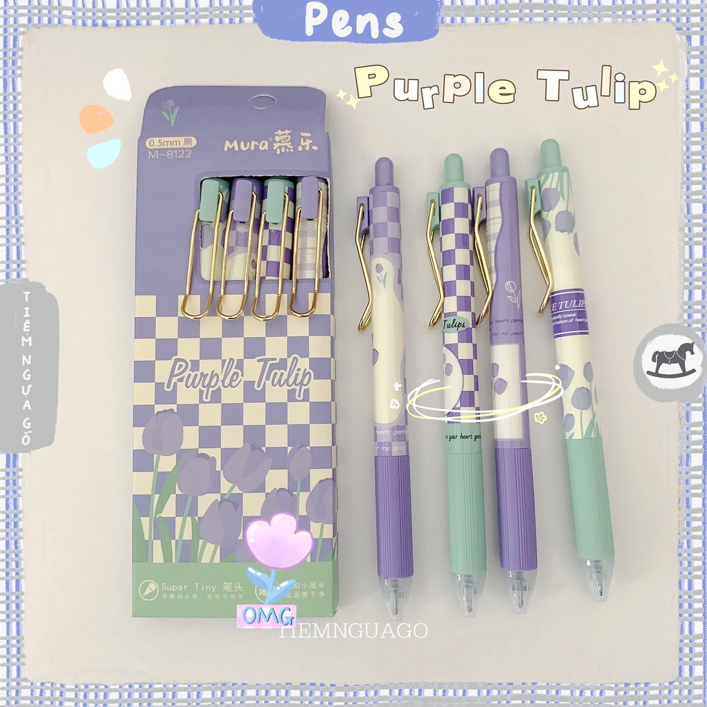 Bút gel MURA mực đen ngòi kim cao cấp 0.5mm hoạ tiết Purple Tulip - Tiệm Ngựa Gỗ