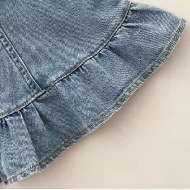 Bộ Áo Tay Phồng Phối Chân váy jean Viền Bèo Thời Trang Mùa Hè Cho Bé Gái
