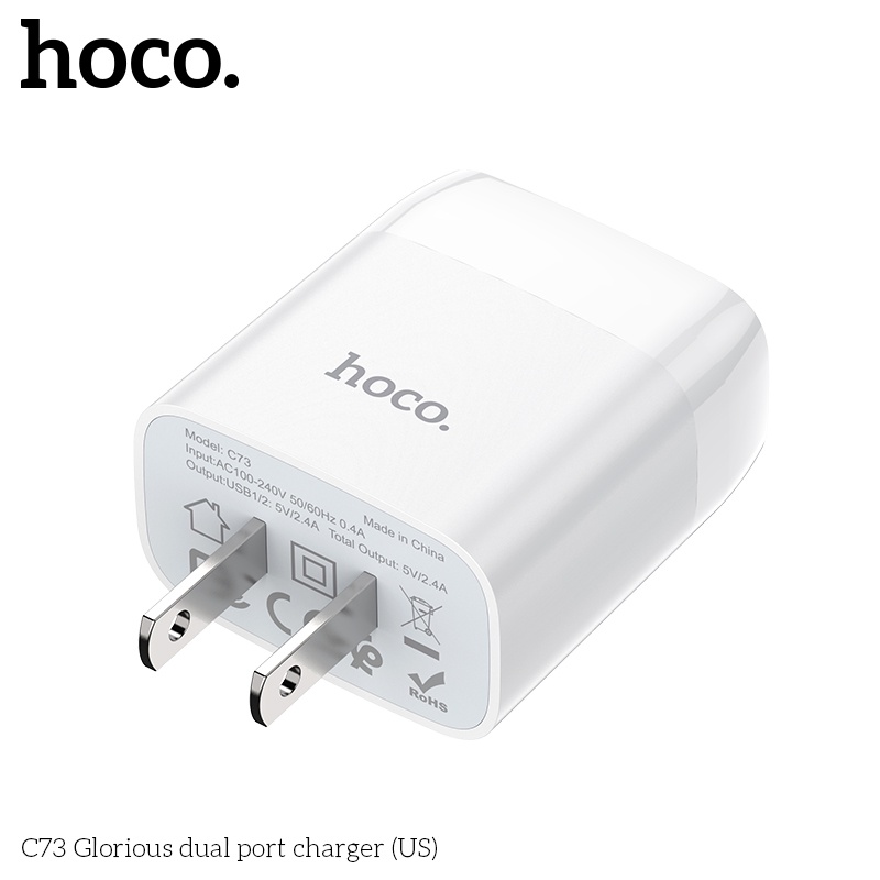 Củ sạc nhanh Hoco 2.4A Chân Cắm US Tiêu Chuẩn 3C cốc sạc 2.4A