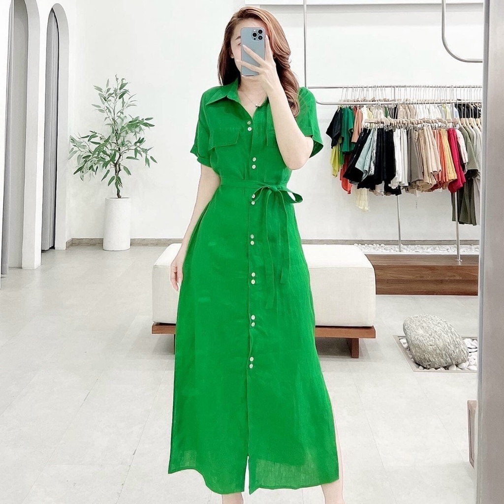 Đầm sơ mi dáng xòe dài MP,váy thiết kế dự tiệc có dây buộc eo tùy chỉnh phân khúc cao cấp giá rẻ (chất liệu linenl mịn)