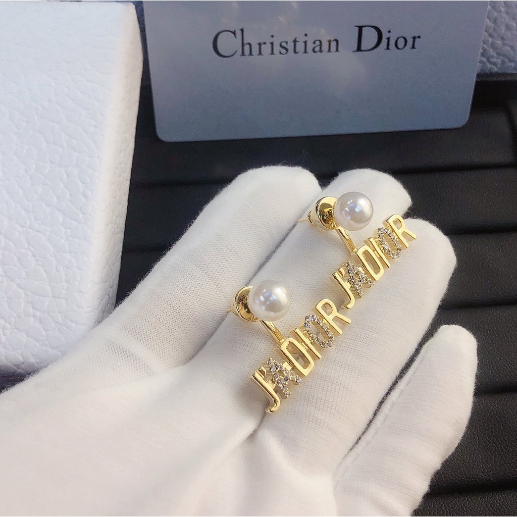 DIOR Bông Tai Bạc 925 Dạng Móc Hình Tròn Khắc Chữ Phong Cách Hàn Quốc